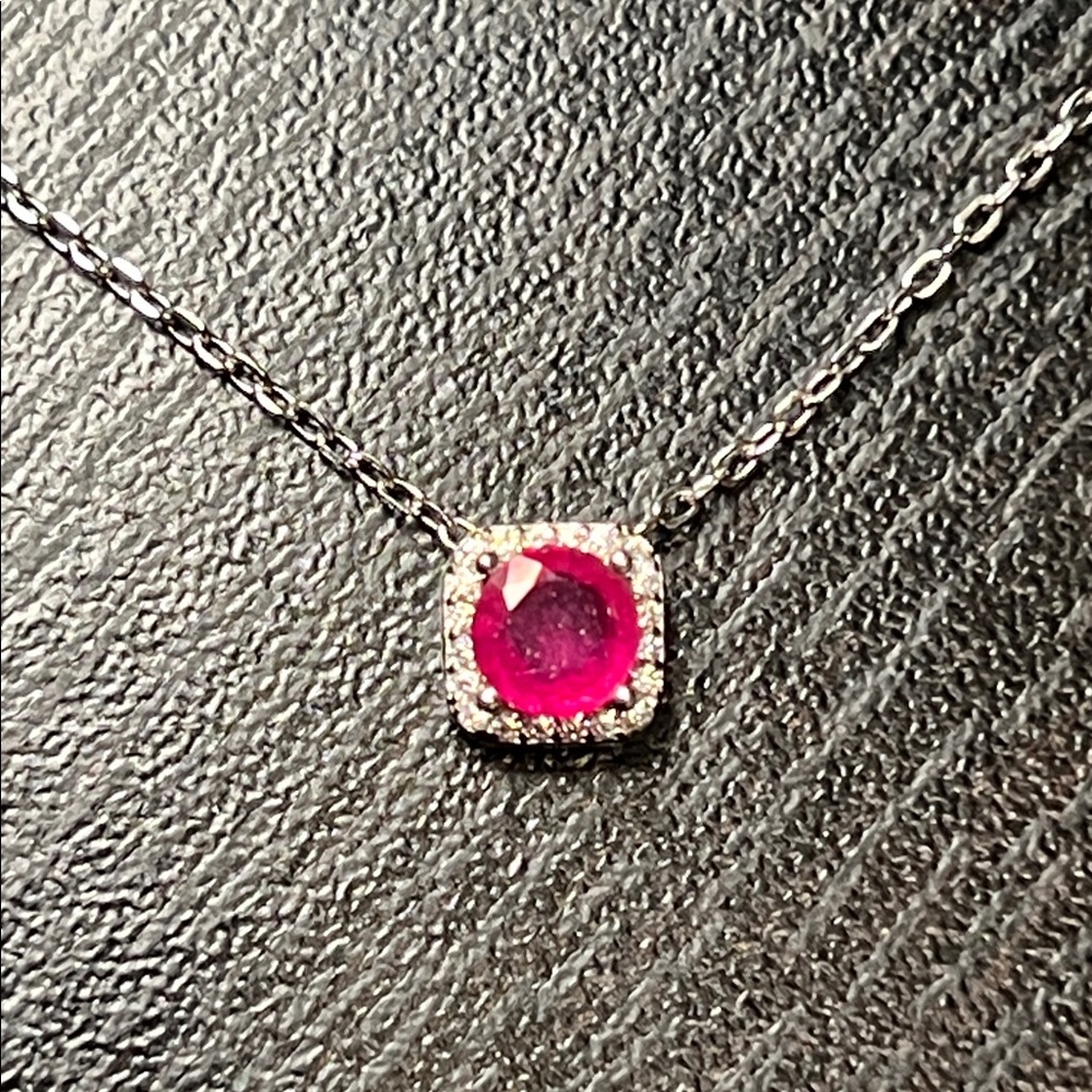 Dainty Hot Pink Ruby Solitaire CZ Halo Sterling Silver Necklace